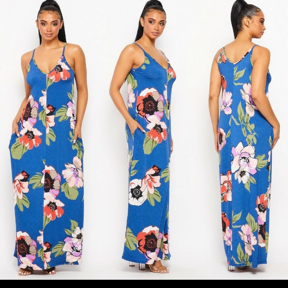 Blue and Floral Maxi Dress..with pockets!